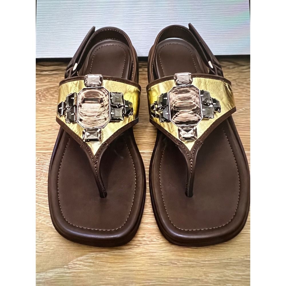 BCBGMAXAZRIA Brown Leather Gold Jewel Embellished Slingback Sandals 7.5B 37.5